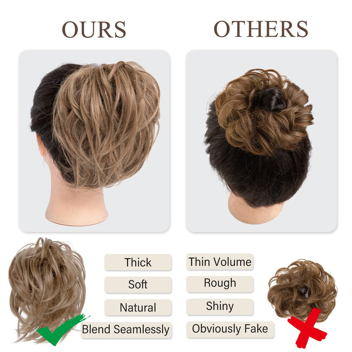 2PCS Messy Hair Bun Hair Pieces Wavy Curly Synthetic Updo Fake Scrunchies Ponytail Extension for Women Chestnut Brown
