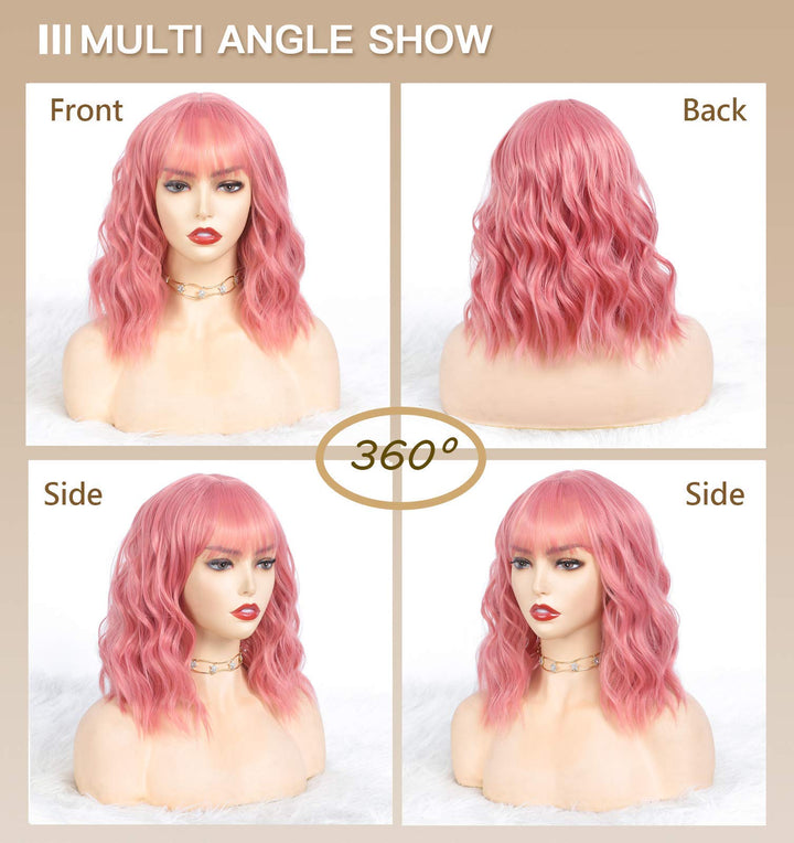 , Short Wigs Pink Wavy for Women Cosplay Wigs, 12 inch Synthetic wig with Adjustment Straps and Comfortable Rose Net Inside,Best Synthetic Heat Resistant Fiber(Pink)