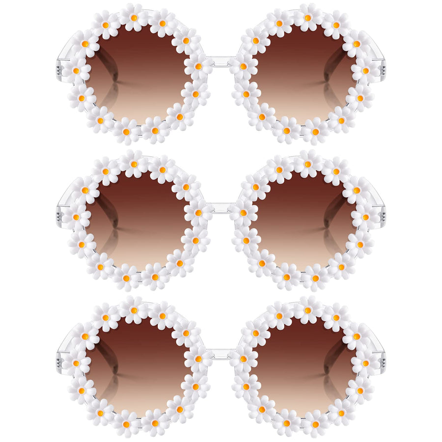 3 Packs Retro Daisy Sunglasses for Women Flower Round Disco Sunglasses Novel Floral Glasses for Adult kids (Purple)