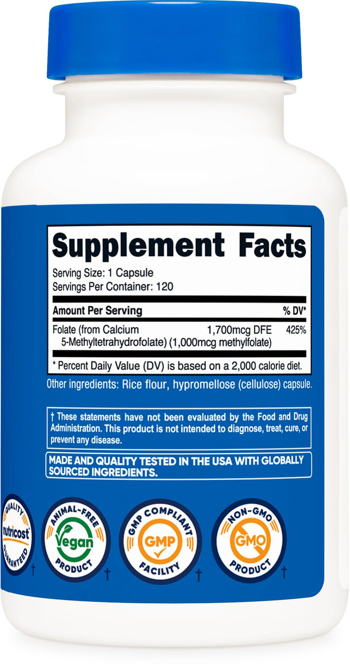 Methylfolate 1000mcg, 120 Vegetarian Capsules - Gluten Free, Non-GMO
