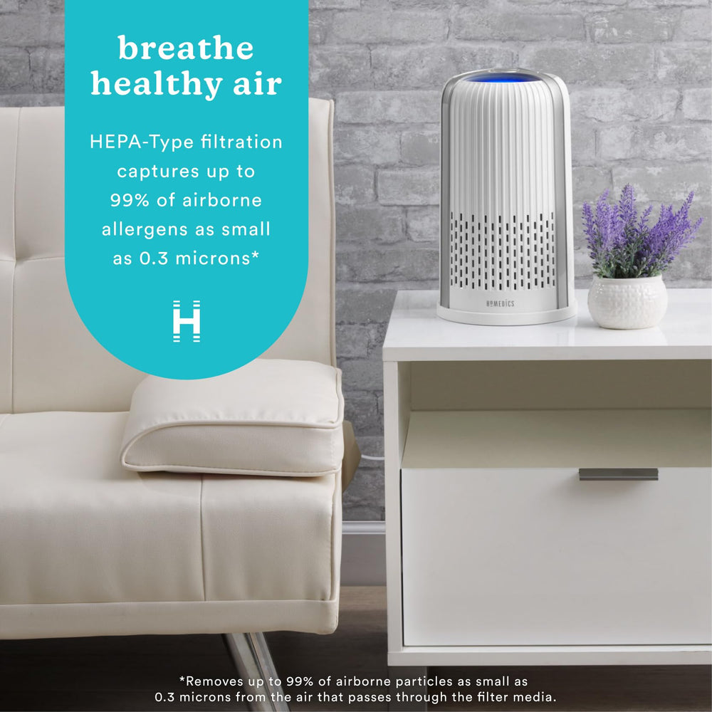 TotalClean 4-in-1 Tower Air Purifier - 360-Degree HEPA Filter for 291 Sq Ft, Small Air Purifiers for Bedroom and Office, Built-In Night-Light & Ionizer, Essential Oil Aromatherapy, White