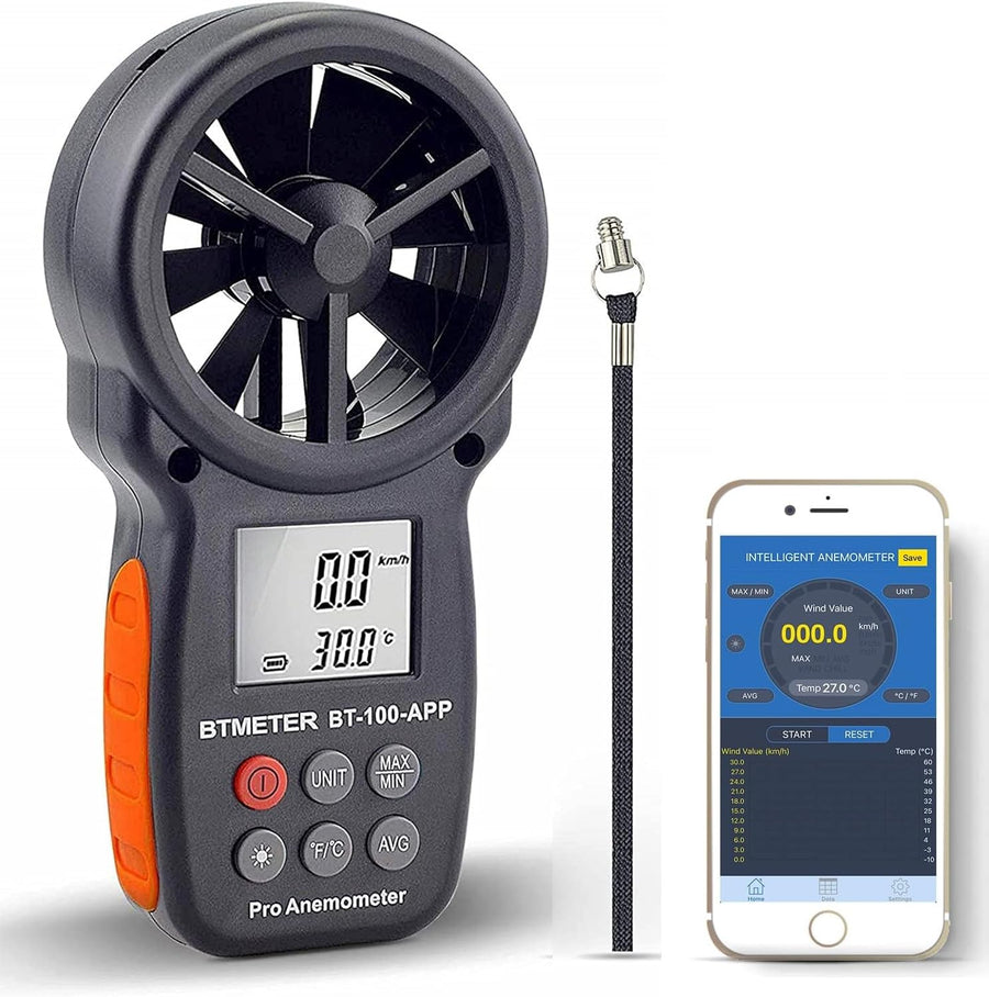 BT-100APP Anemometer w/Wireless Bluetooth, Digital Handheld Wind Speed Meter for Wind Chill, Air Velocity, Temperature, Vane Anemometer Gauge