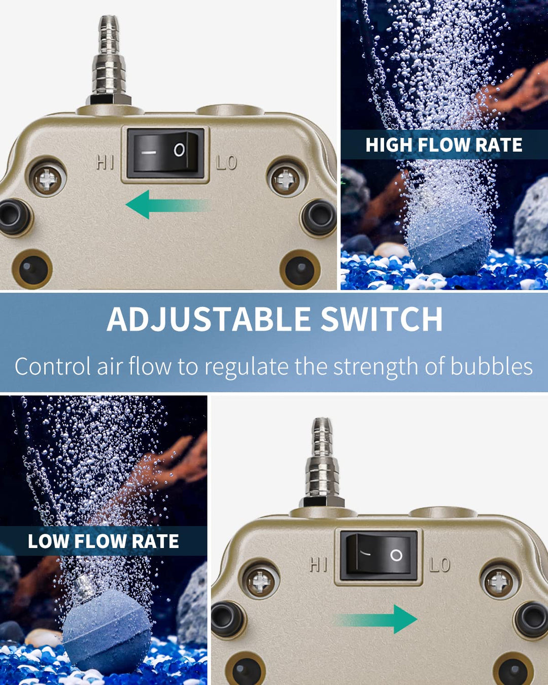 254 GPH Aquarium Air Pump Adjustable Quiet Oxygen Aerator Pump with Multi-Port Air Flow Control Lever Valve Splitter and Airline Tubing for Fish Tanks Ponds and DWC Systems Up to 300 Gallons
