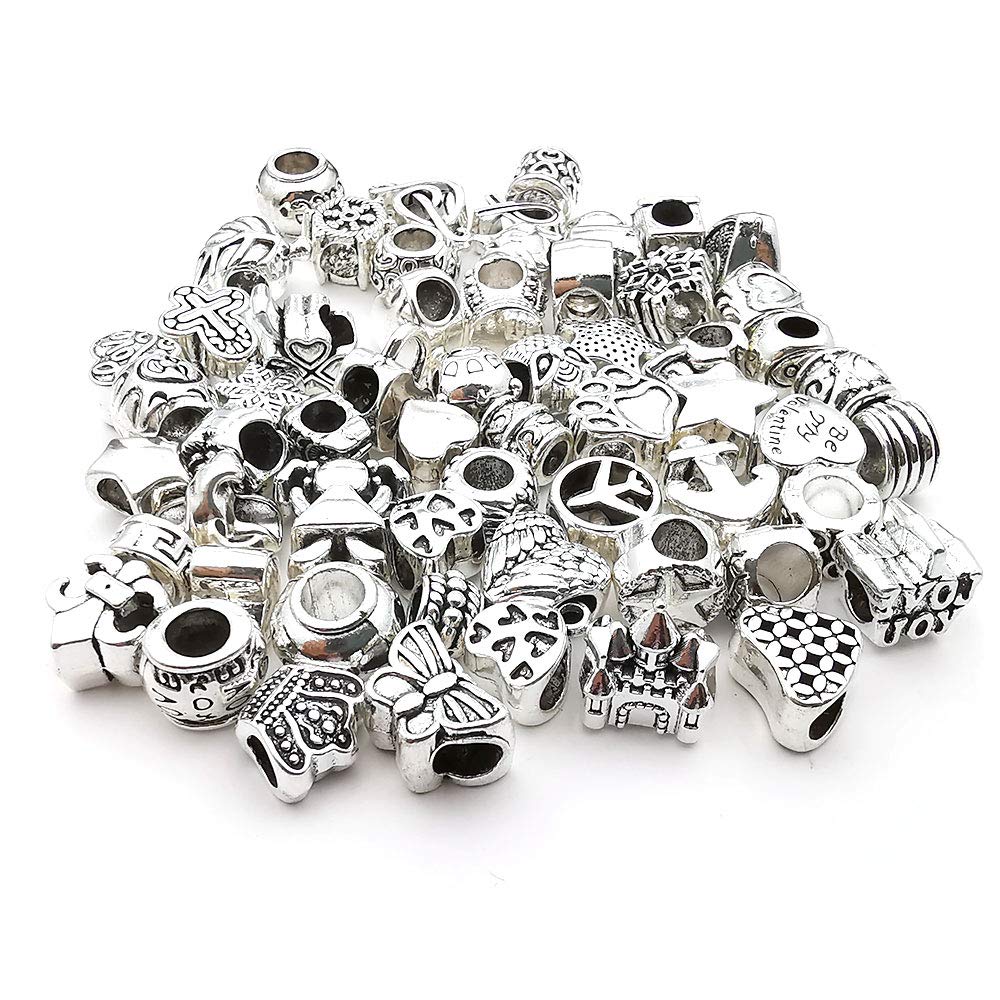 55pcs Assorted Alloy European Large Hole Beads Metal Spacer Charms Bead Assortments for DIY Crafts Bracelets Necklaces Jewelry Making (M190)