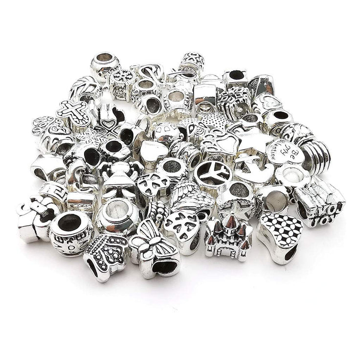 55pcs Assorted Alloy European Large Hole Beads Metal Spacer Charms Bead Assortments for DIY Crafts Bracelets Necklaces Jewelry Making (M190)