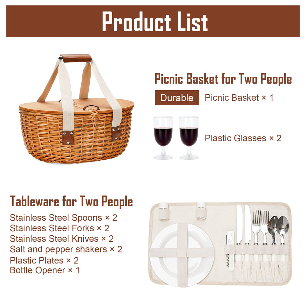 Wicker Cooler Picnic Basket Set for 2 with Double Wooden Lids & Handles, Country Style Insulated Cooler Bag with Cutlery Service Kits, Willow Picnic Hamper Basket W/Lining for Camping, Party, Wedding