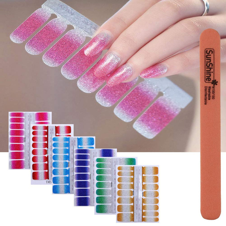 6Pcs Nail Polish Stickers With 1Pc Nail File Kit Full Nail Tips Nail Self Adhesive Stickers Nail Designs Set
