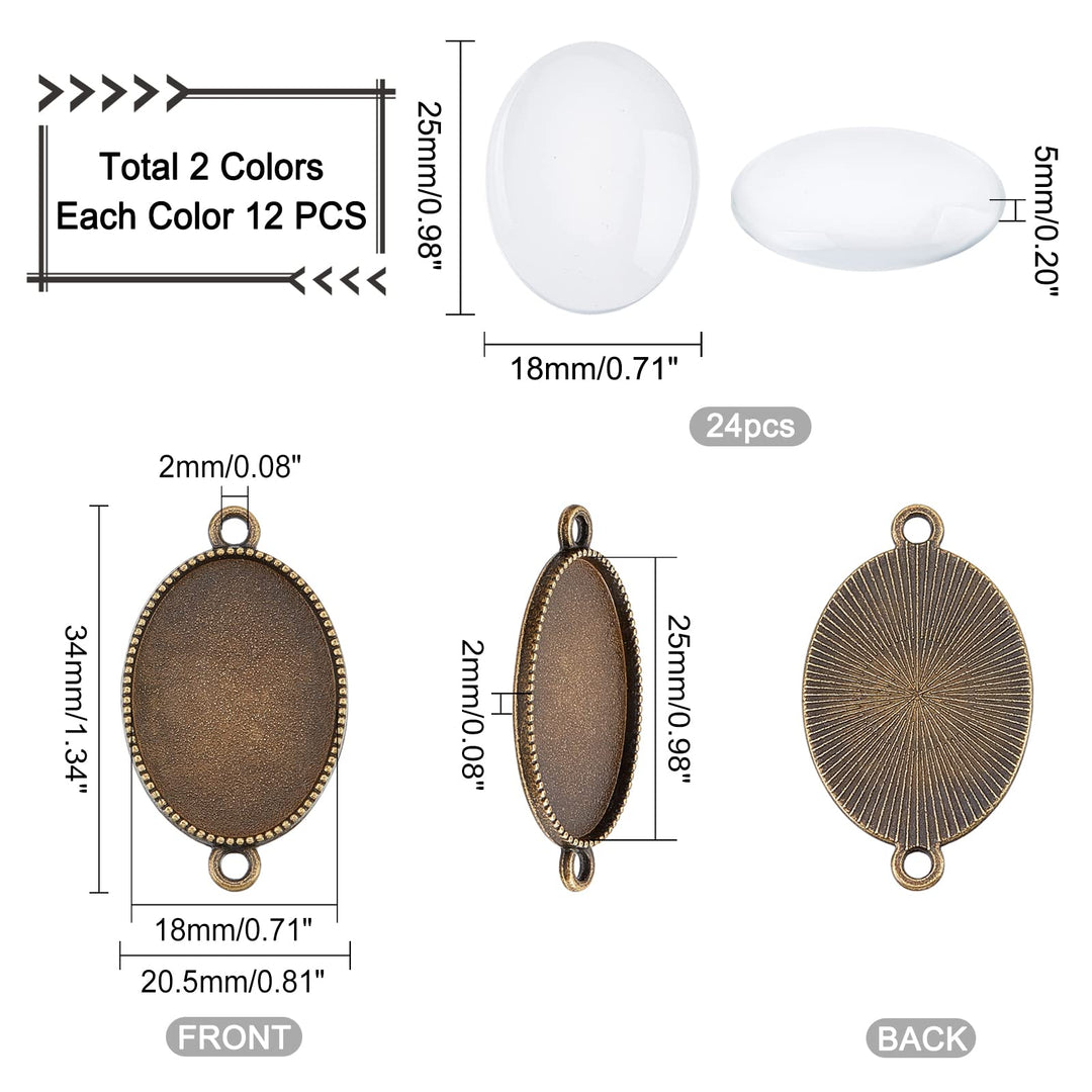 24pcs Double Holes Photo Charms Connector Pendant Tray Blanks Bezel Cabochon Settings with 24pcs Glass Cabochon Tiles Memorial Photo Pendant for Bouquet Wedding Graduation Photo Charm