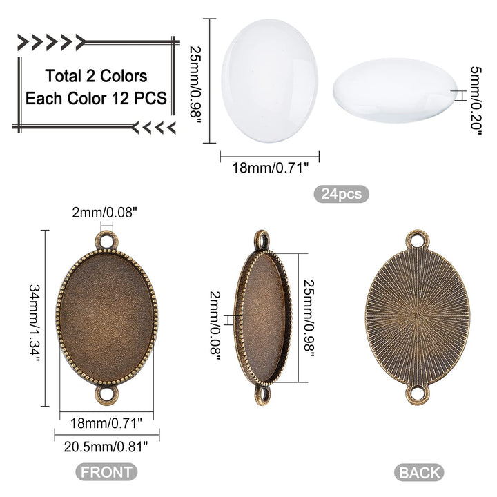 24pcs Double Holes Photo Charms Connector Pendant Tray Blanks Bezel Cabochon Settings with 24pcs Glass Cabochon Tiles Memorial Photo Pendant for Bouquet Wedding Graduation Photo Charm