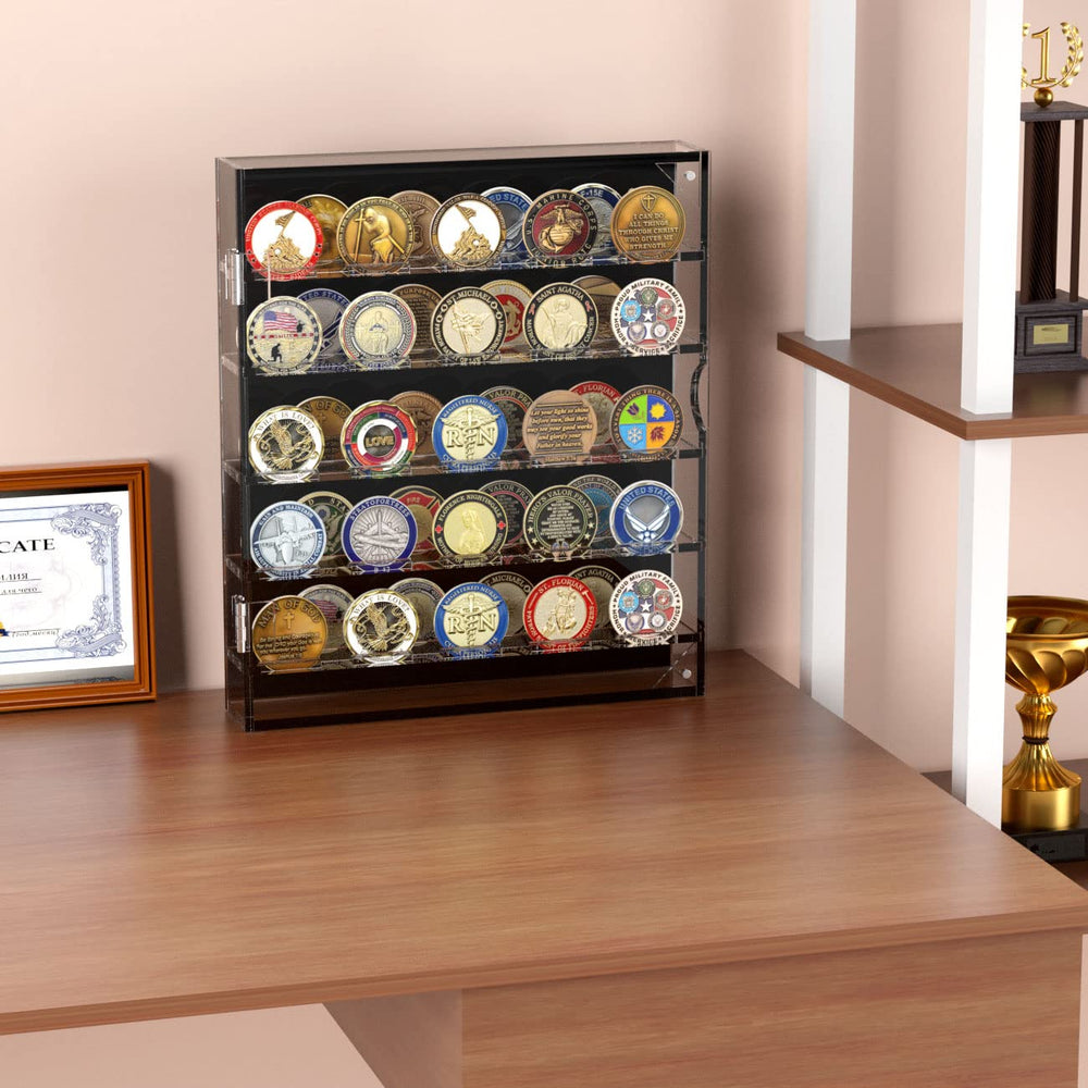 Coin Holder, Challenge Coin Display Case, Acrylic Military Challenge Coin Holders for Collectors, Clear Coin Case Coin Box fits 45 Military Medals Poker Chip Pins Badges with Magnetic Door
