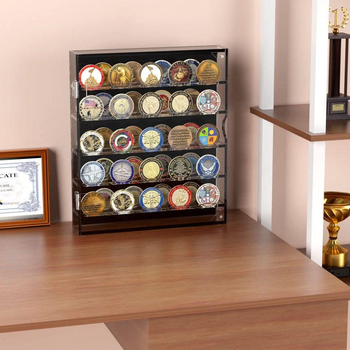 Coin Holder, Challenge Coin Display Case, Acrylic Military Challenge Coin Holders for Collectors, Clear Coin Case Coin Box fits 45 Military Medals Poker Chip Pins Badges with Magnetic Door