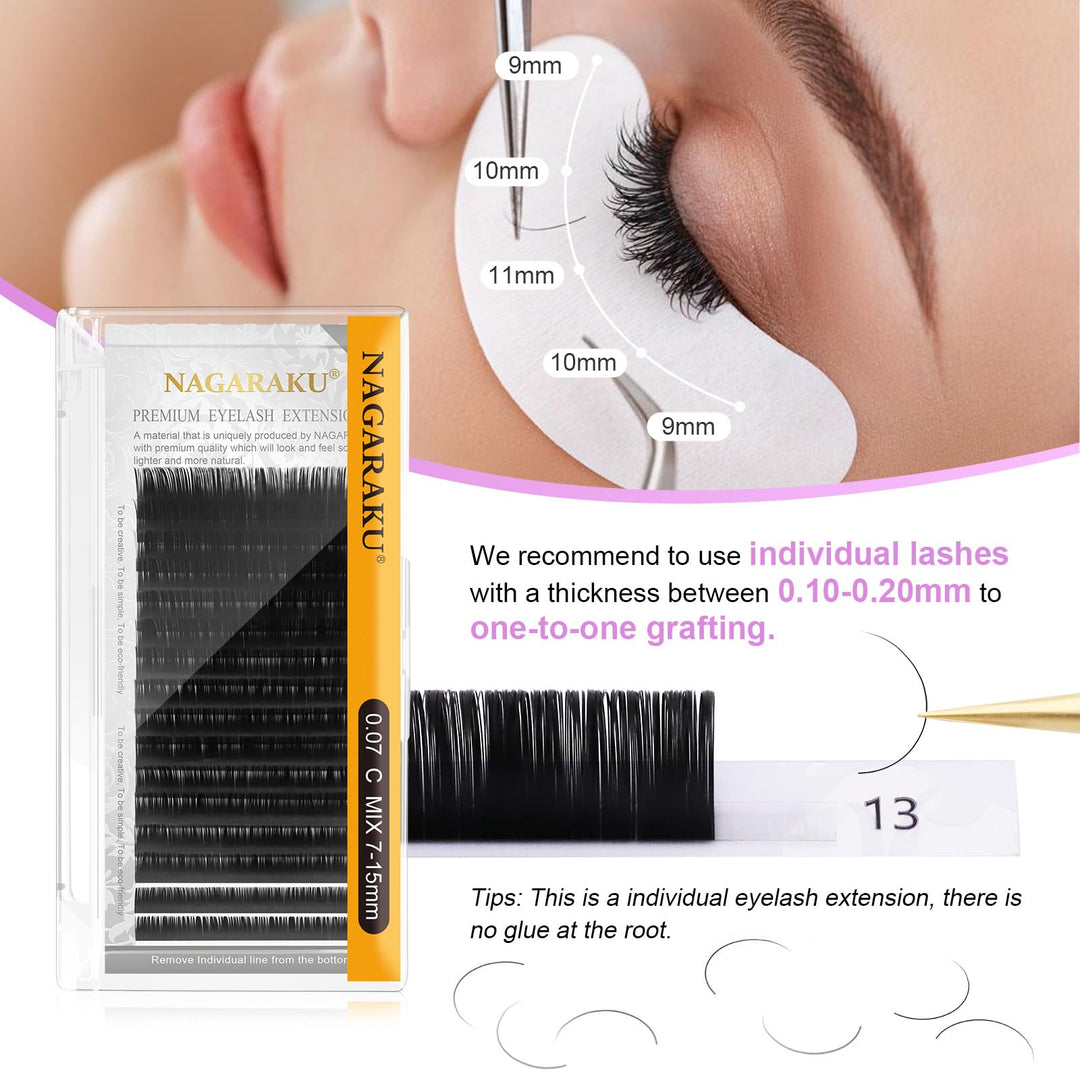 Eyelash Extensions Individual Lashes 0.10mm B curl 7-15mm Mix Tray Classic Matte Black Soft Natural Faux Mink 16 rows
