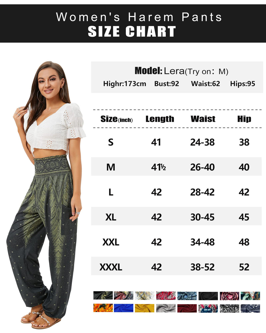 Women's Harem Pants, High Waist Yoga Boho Trousers with Pockets Elephant Black L