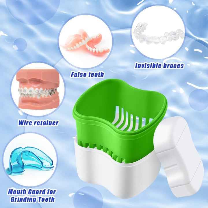 2 Denture Bath Cases with 2 Denture Cleaner Brushes Denture Boxes Dentures Container with Basket Denture Holder Brush Retainer Case for Travel Retainer Cleaning (Lake Blue, Light Green, Blue, Green)