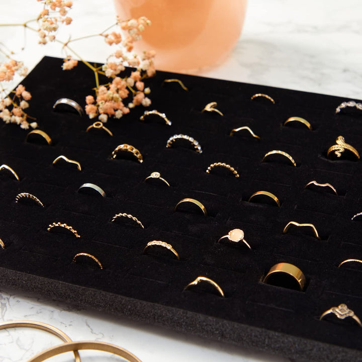 5-Pack 100 Slots Velvet Ring Insert Display Tray - Foam Holder Organizer for Storage Box and Selling Jewelry (13 x 9 In, Black)