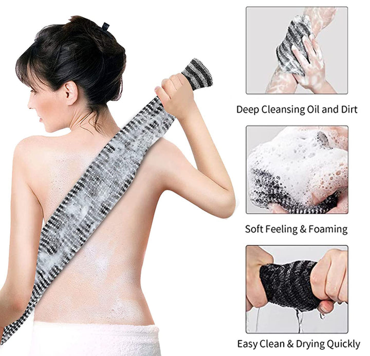 Exfoliating Body Scrubber, Back Scrubber for Shower Bath, Japanese Scrub Wash Cloth, Exfoliating Washcloth Towel for Men Women, Body Exfoliator Loofah Luffa Sponge Net Rag Back Washer (Black)