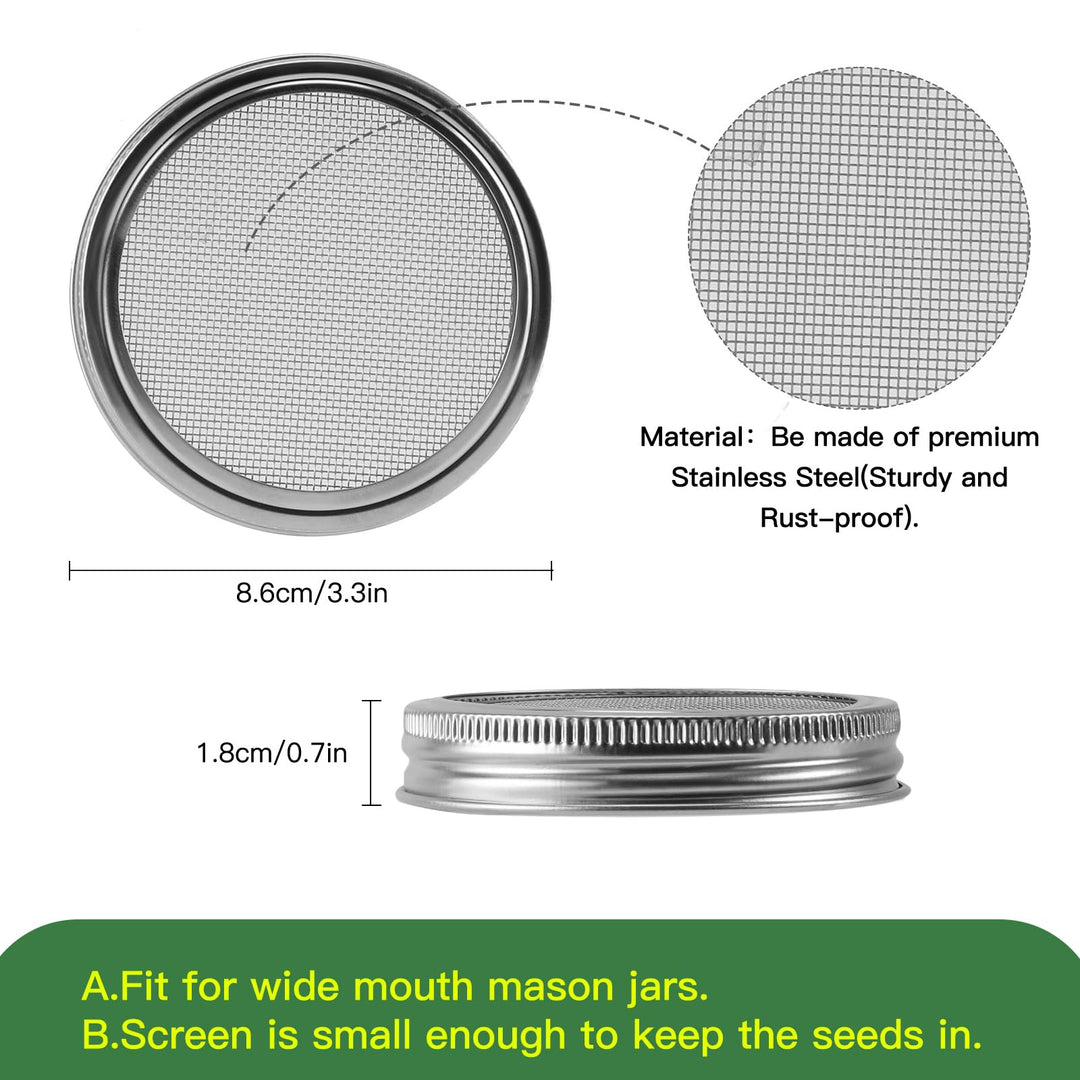 Sprouting Lids Growing Kit - 316 Stainless Steel Sprouting Lids for 86mm Wide Mouth Mason Jar with Stands & Blackout Sleeves - Organic Sprouts, Broccoli, Alfalfa Sprout Kit (Set of 4)