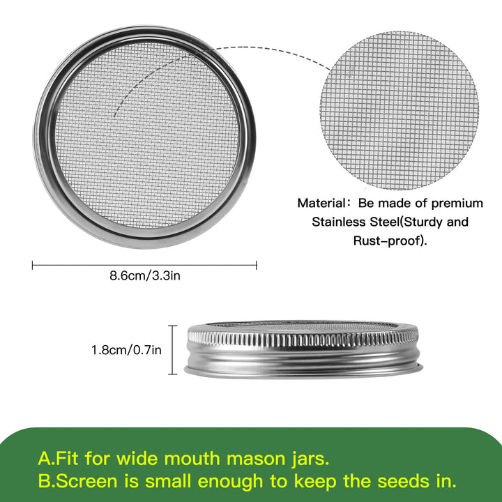 Sprouting Lids Growing Kit - 316 Stainless Steel Sprouting Lids for 86mm Wide Mouth Mason Jar with Stands & Blackout Sleeves - Organic Sprouts, Broccoli, Alfalfa Sprout Kit (Set of 4)