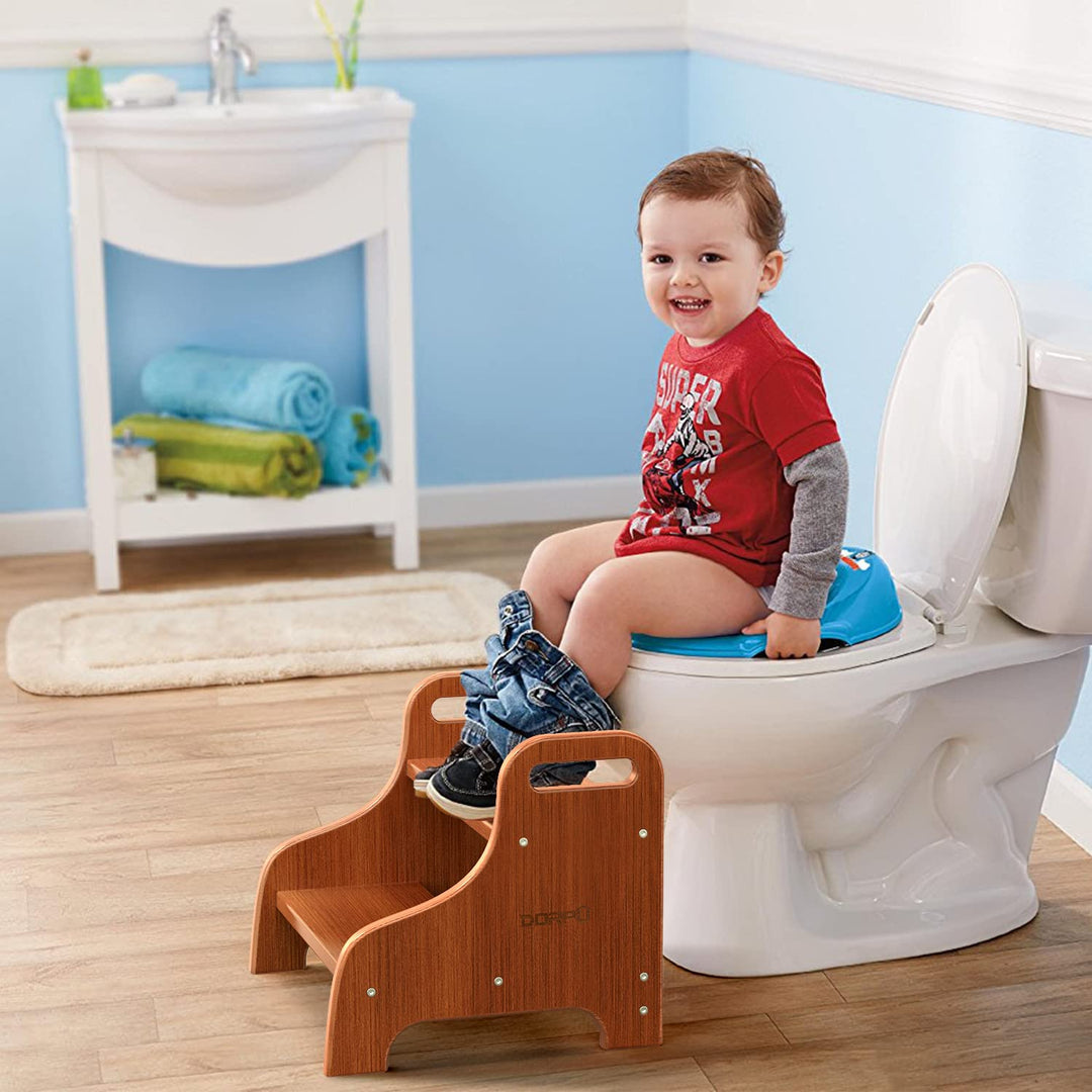 Wooden Step Stool for Adults Kids, Super Sturdy Non-Slip Stepping Stool, Holds 270lbs, Portable Toddler 2 Step Stool, Bamboo Wood Kids Stool for Bathroom, Potty Training, Kitchen (Brown)