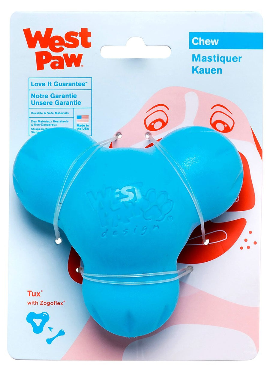 West Paw Zogoflex Tux Treat Dispensing Dog Chew Toy – Interactive Chewing Toy for Dogs – Dog Enrichment Toy – Dog Games for Aggressive Chewers, Fetch, Catch – Holds Kibble, Treats, Large 5, Aqua Blue