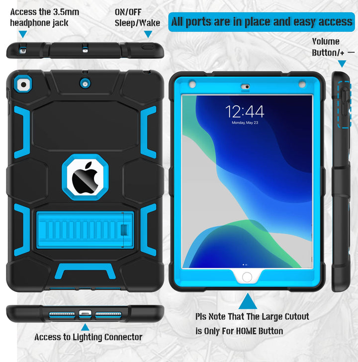 iPad 9th Generation Case, iPad 8th/7th Generation Case, iPad 10.2 2021/2020/2019 Case with Kickstand, Heavy Duty Shockproof Hybrid Three Layer Protective Cover for Kids Boy Girl, Black+Sky Blue