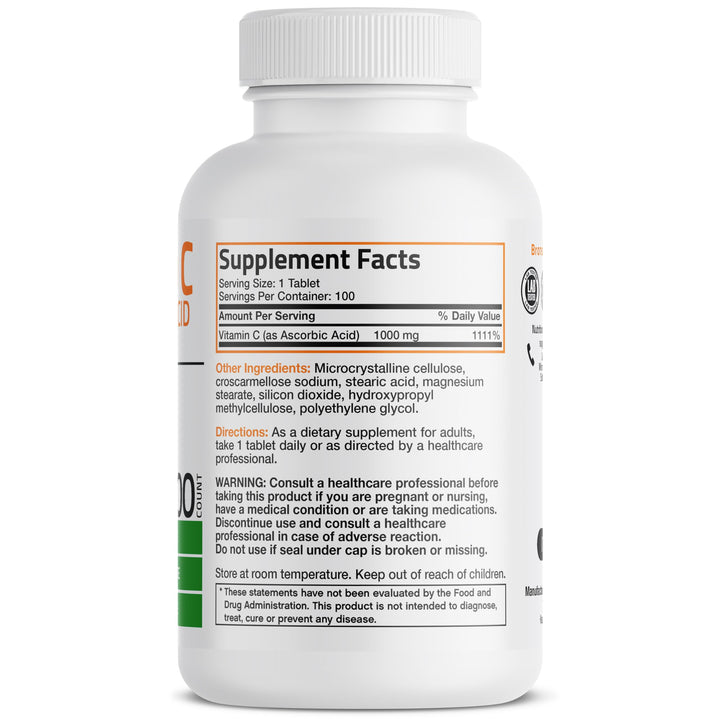 Vitamin C 1000mg Premium Non-GMO Ascorbic Acid Tablets, 100 Count