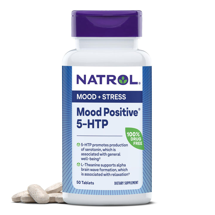 Mood Positive 5-HTP 50mg With L-Theanine, Vitamin B6, Vitamin B12 and Folate, Dietary Supplement Helps Support a Positive Mood, 50 Tablets, 25-50 Day Supply