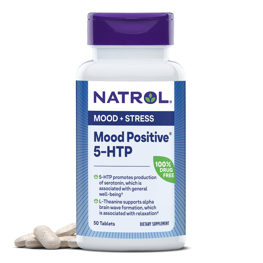 Mood Positive 5-HTP 50mg With L-Theanine, Vitamin B6, Vitamin B12 and Folate, Dietary Supplement Helps Support a Positive Mood, 50 Tablets, 25-50 Day Supply
