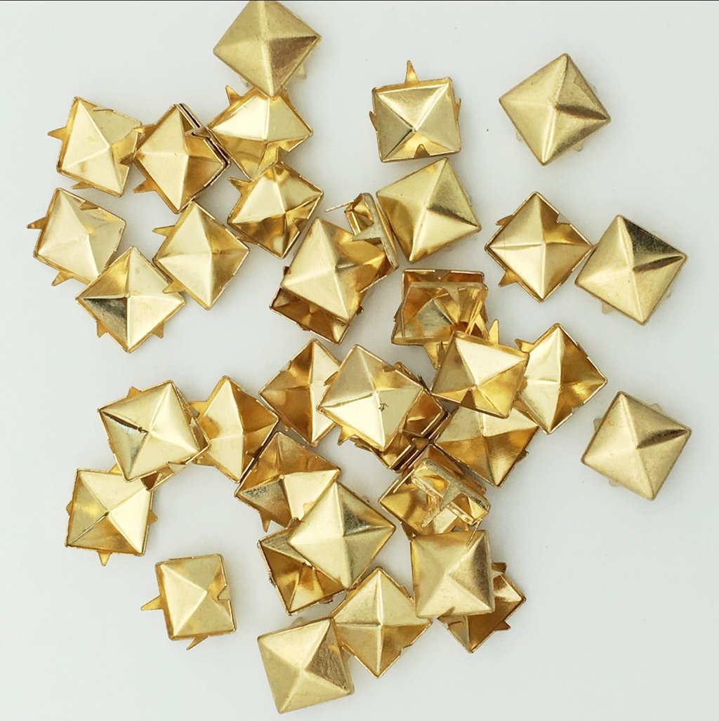 100pcs 10mm Square DIY Leathercraft Metal Punk Spikes Spots Pyramid Studs Nailheads (Gold)