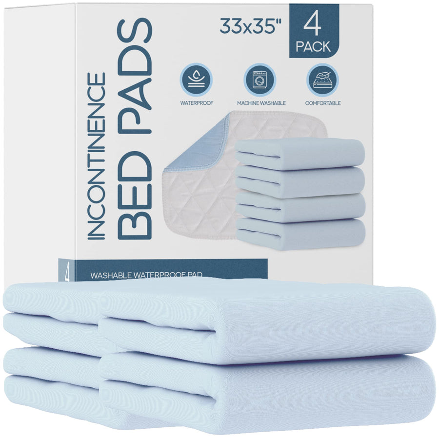 NOTICE Incontinence Bed Pads - Washable Waterproof Pad Reusable Mattress Protector for Adults, Kids & Elderly 3 Layer Bedwetting Pee Protection Cover Absorbent Underpads with Liners(33*35inch,4)Blue