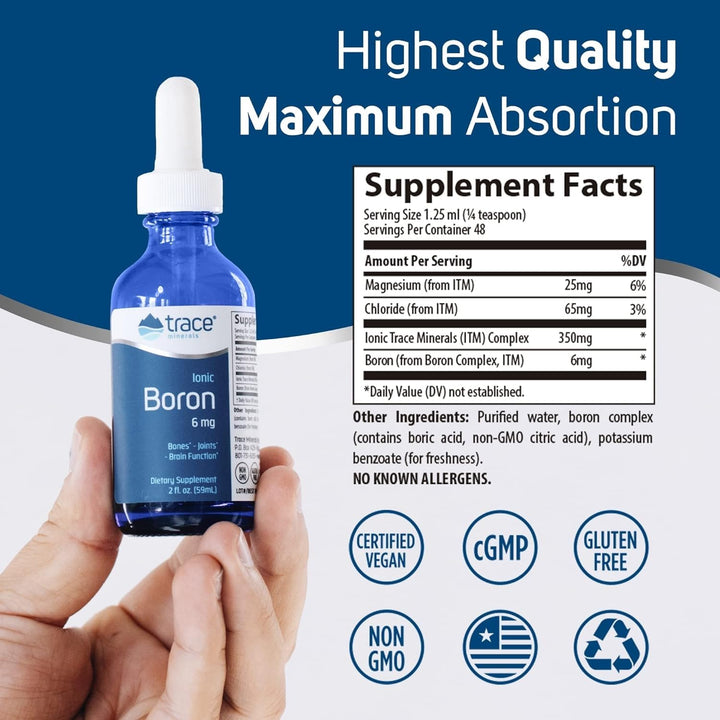 Ionic Boron - Brain & Bone Support Supplement - Liquid Supplement with Magnesium to Aid Healthy Joints & Muscles - Supports Nerve Health - 96 Servings - 2 fl oz (About 96 Servings)