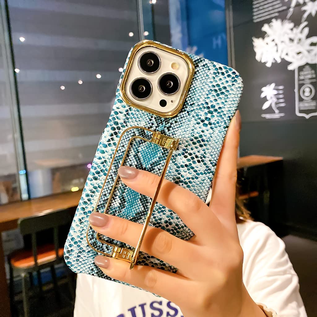 Compatible with Cute Phone 13 Pro Max Case with Stand,Luxury Snake Skin Case Protective and Tough Folding Bracket Case for Women Design for 13 Pro Max Case - 6.7 Inch (White)