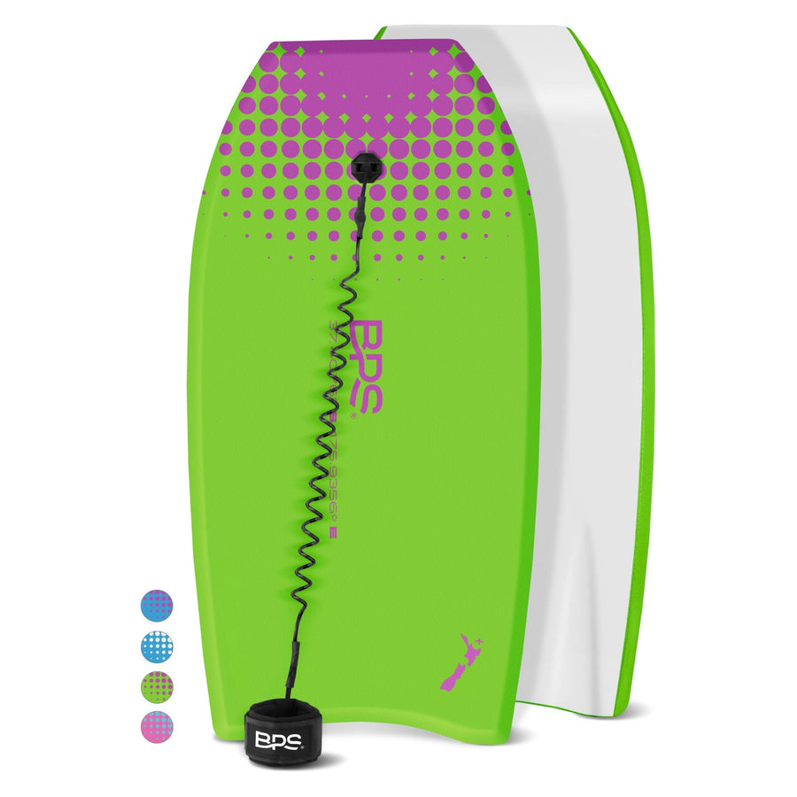 37 Body Board Pack for Kids and Adult - Lightweight Bodyboard w/ HDPE Slick Bottom for Additional Speed and Maneuverability - Bodyboard with Includes Leash Coiled (Green/Purple)