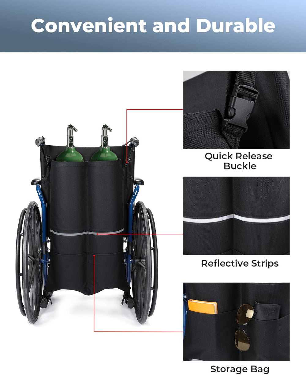 Issyzone Dual Oxygen Tank Holder for Wheelchair, Oxygen Cylinder Bag, with Nice Mesh Storage Pocket Fits D and E Oxygen Tanks