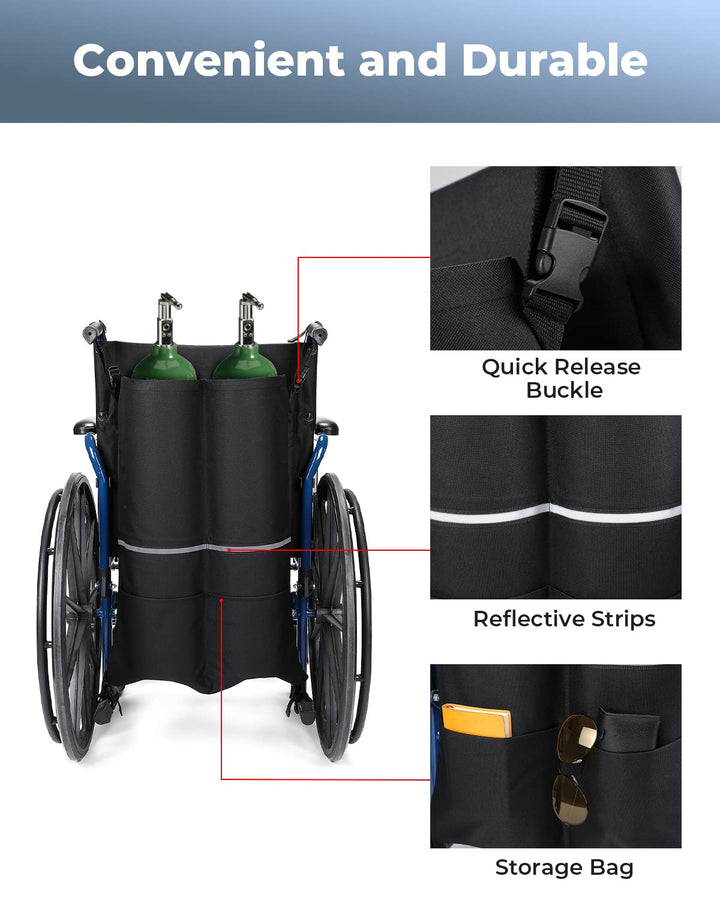 Issyzone Dual Oxygen Tank Holder for Wheelchair, Oxygen Cylinder Bag, with Nice Mesh Storage Pocket Fits D and E Oxygen Tanks