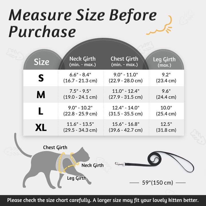 Cat Harness and Leash Set for Walking Escape Proof, Adjustable Soft Kittens Vest with Reflective Strip for Cats, Comfortable Outdoor Vest, Black, S