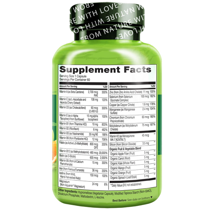 Bariatric Multivitamin - One Daily with Iron - Supplement for Post Gastric Bypass Surgery Patients - Natural Whole Food Nutrition - 60 Veggie Capsules