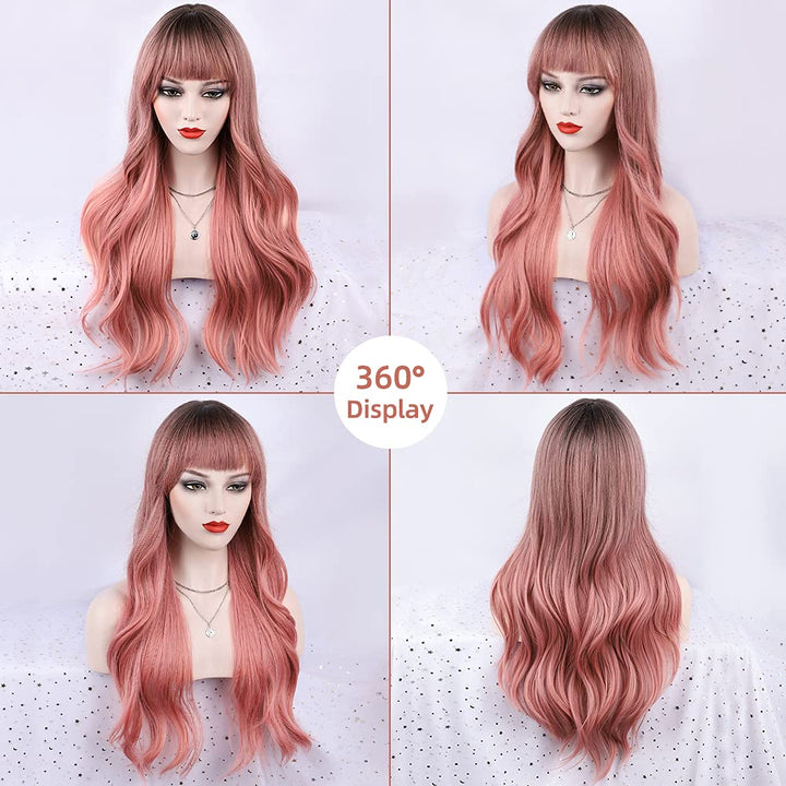 Ombre Pink Wig with Bangs Long Pink Wavy Wigs for Women Long Pink Wavy Wig Pink Ombre Heat Resistant Wigs for Daily Party(Ombre Pink 26inch)