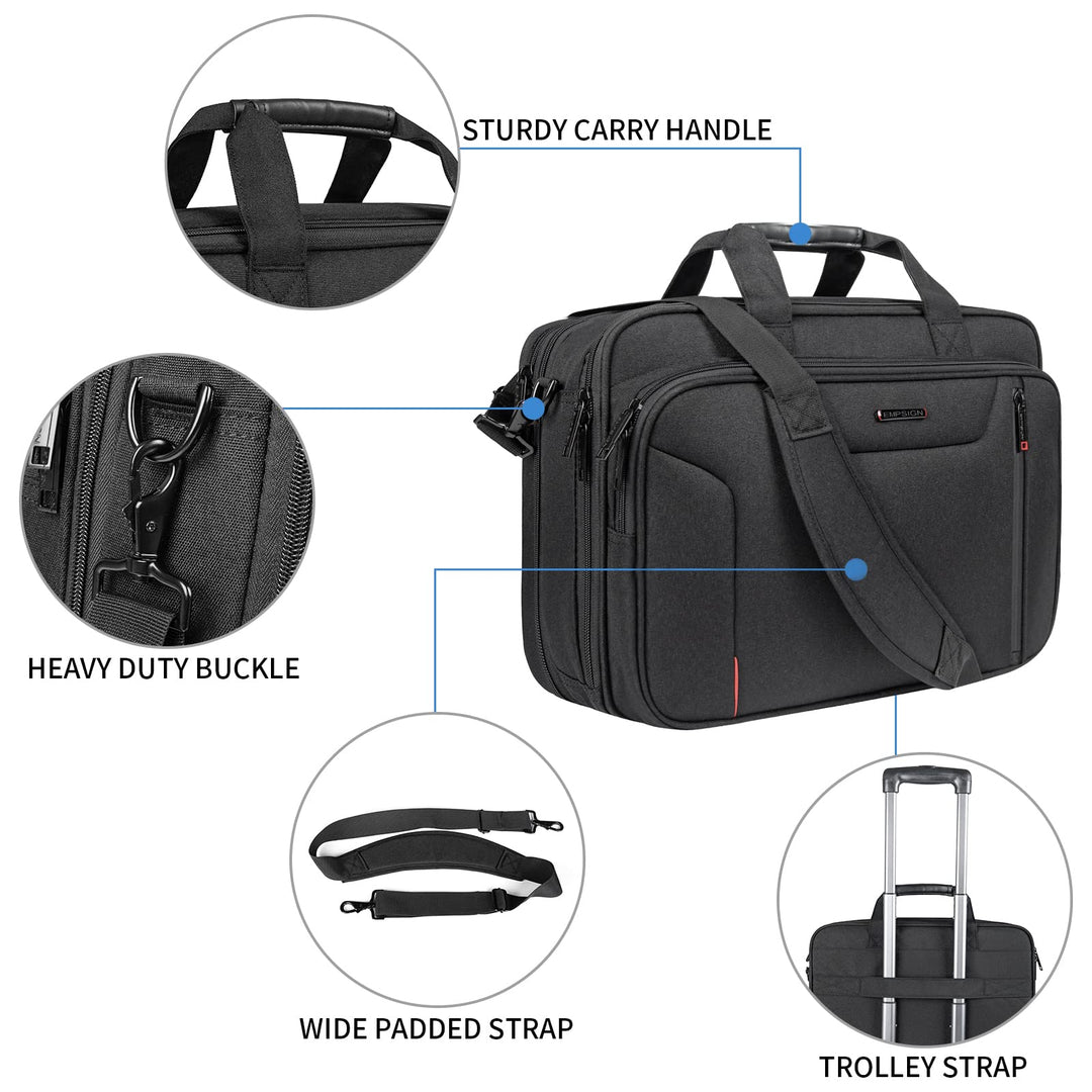 Stylish Laptop Bag Briefcase, 17.3 Inch Laptop Case Expandable Messenger Bag for Men Water Repellent, RFID Blocking Office Carrying Shoulder Bag for Work Business Travel-Black