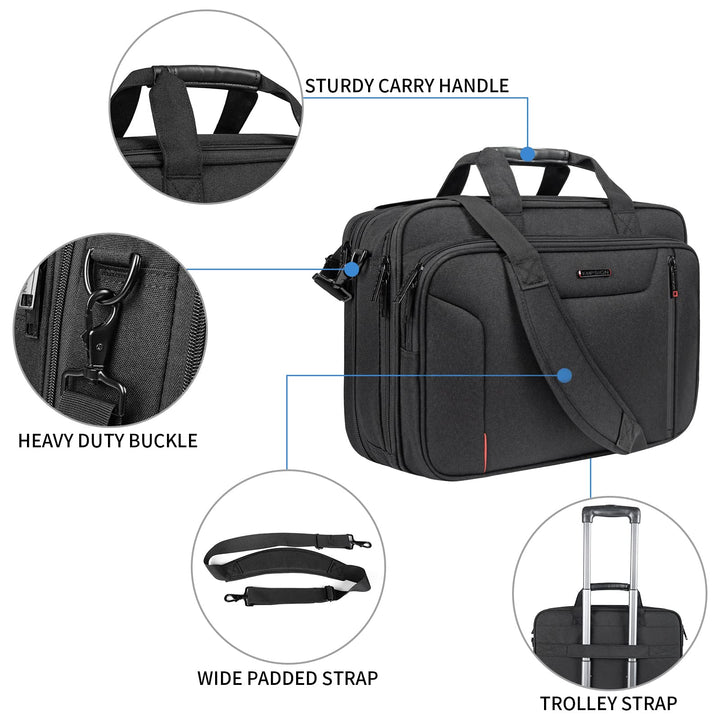 Stylish Laptop Bag Briefcase, 17.3 Inch Laptop Case Expandable Messenger Bag for Men Water Repellent, RFID Blocking Office Carrying Shoulder Bag for Work Business Travel-Black