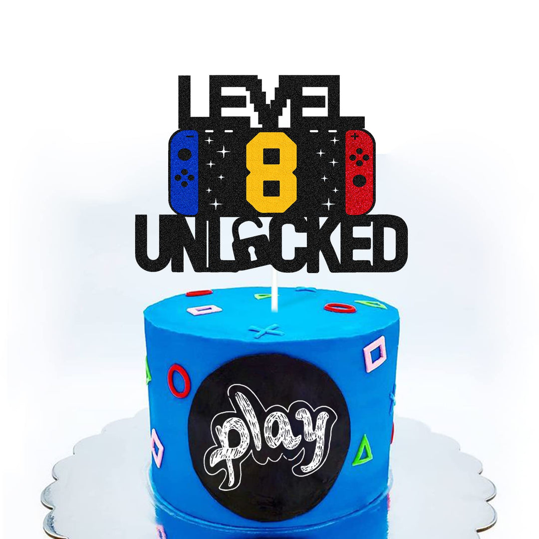 Level 8th Unlocked Sign Cake Topper Happy 8th Birthday Level Up Tenth Cake Decorations for Video Game Controller Themed Boy Girl Bday Party Supplies Double Sided