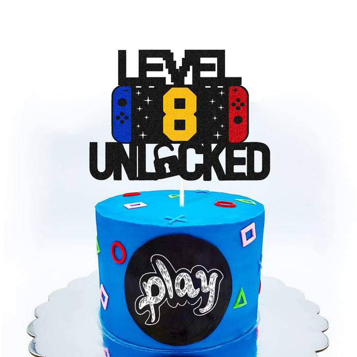Level 8th Unlocked Sign Cake Topper Happy 8th Birthday Level Up Tenth Cake Decorations for Video Game Controller Themed Boy Girl Bday Party Supplies Double Sided