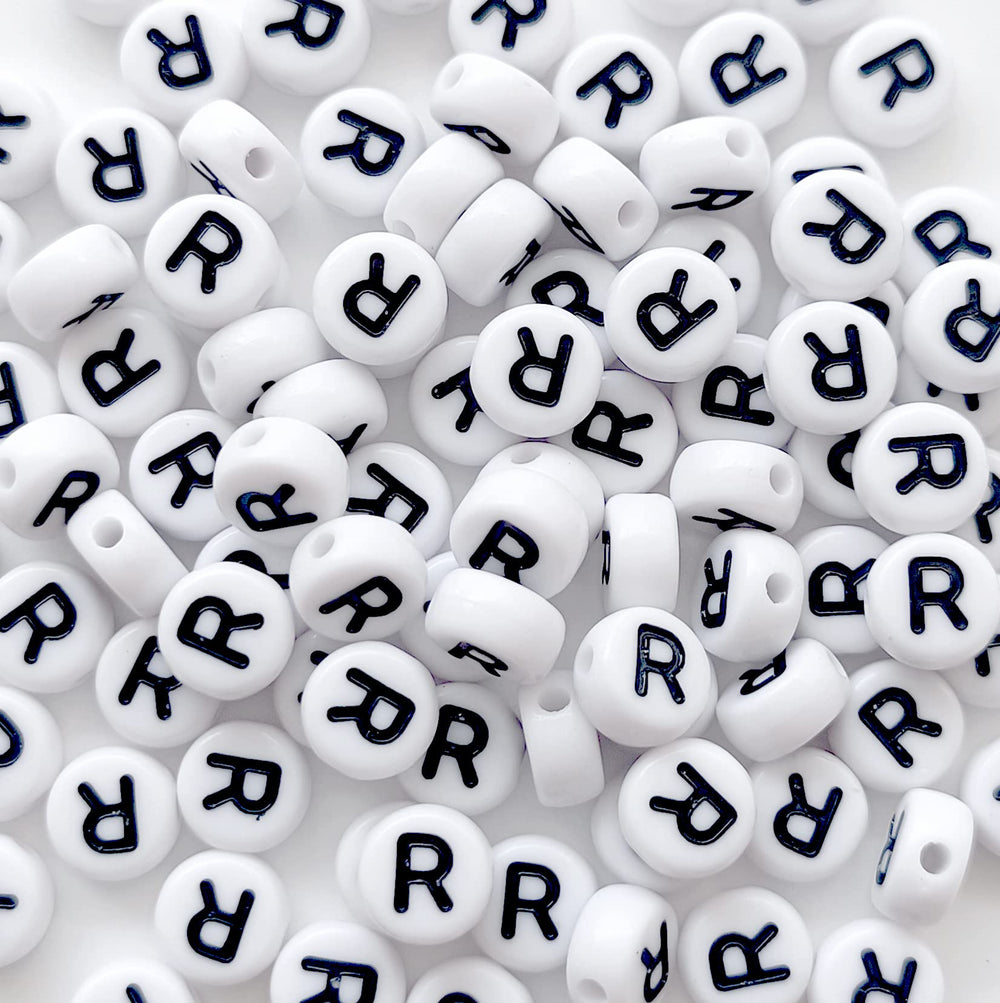 100 PCS Letter Beads White Round Acrylic Alphabet Beads Letter R Beads for Jewelry Making Bracelets Necklaces Key Chains DIY 4X7 mm