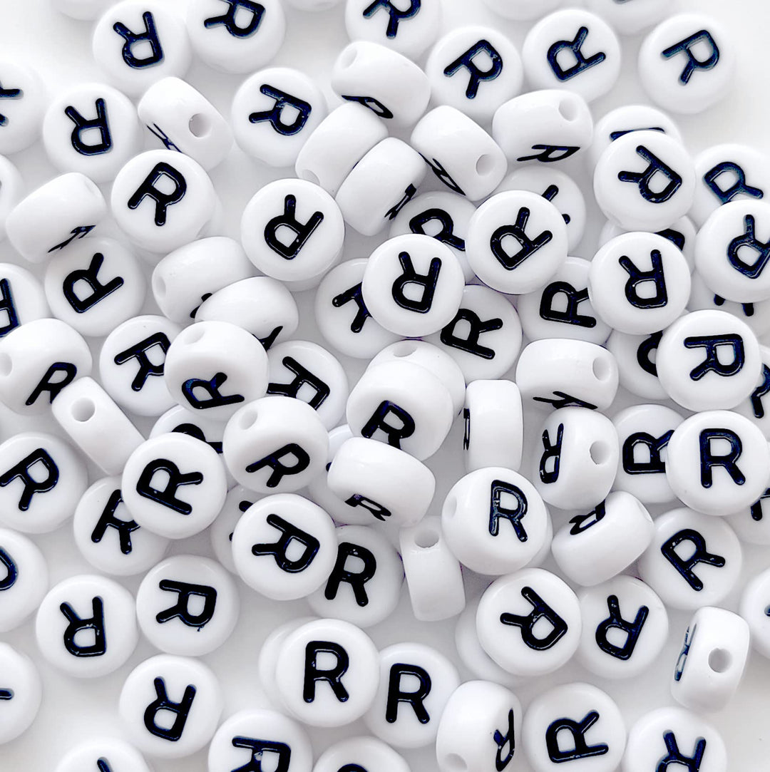 100 PCS Letter Beads White Round Acrylic Alphabet Beads Letter R Beads for Jewelry Making Bracelets Necklaces Key Chains DIY 4X7 mm