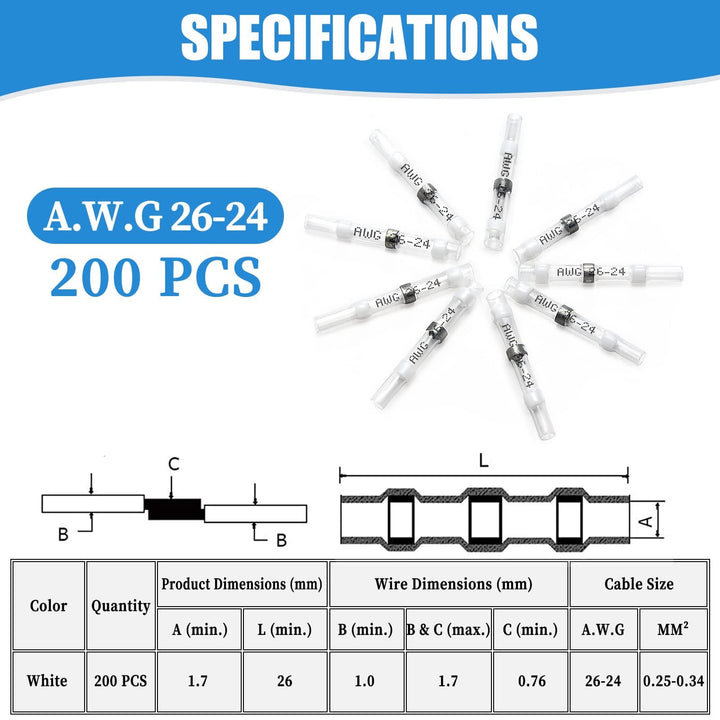 200PCS White Solder Seal Wire Connectors, 26-24 AWG Self Soldering Heat Shrink Wire Connectors Marine Grade Waterproof Insulated Electrical Butt Splice Wire Terminals for Automotive Boat Truck