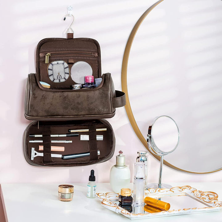 Toiletry Bag, Mens Leather Travel Organizer Kit with hanging hook, Large Water-resistant Toiletries Bathroom Shaving Bags for Women (Coffee)