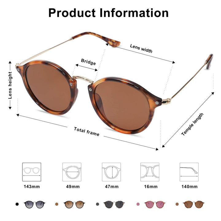 Round Polarized Sunglasses for Women Men Classic Vintage Retro Style SJ2148 with Tortoise Frame/Brown Lens