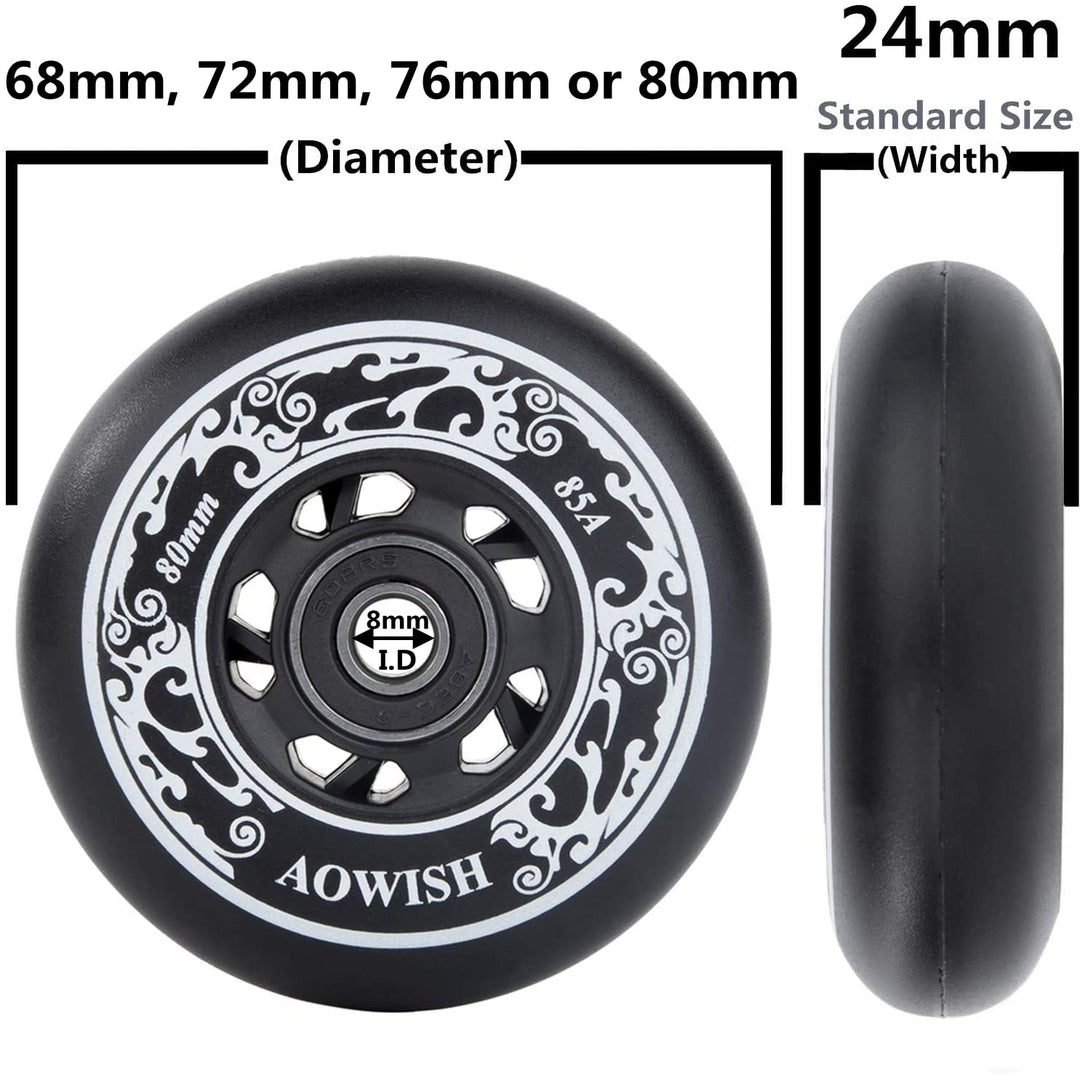 4-Pack Inline Skate Wheels Outdoor Asphalt Formula 85A Hockey Roller Blades Replacement Wheel with Bearings ABEC-9 and Floating Spacers (Black, 76mm)