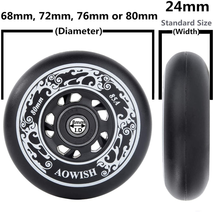 4-Pack Inline Skate Wheels Outdoor Asphalt Formula 85A Hockey Roller Blades Replacement Wheel with Bearings ABEC-9 and Floating Spacers (Black, 76mm)