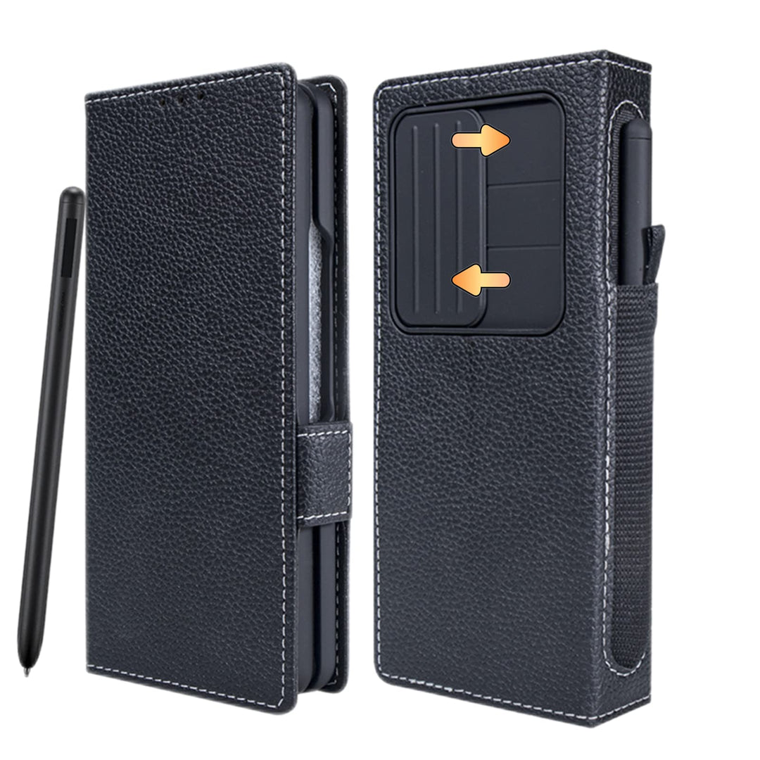 Samsung Galaxy Z Fold 4 Luxury Leather Wallet Case with S Pen Holder & Camera Cover - Shockproof, Black